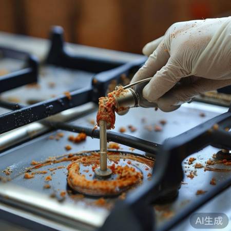 燃气灶喷嘴堵塞，用细铁丝清理