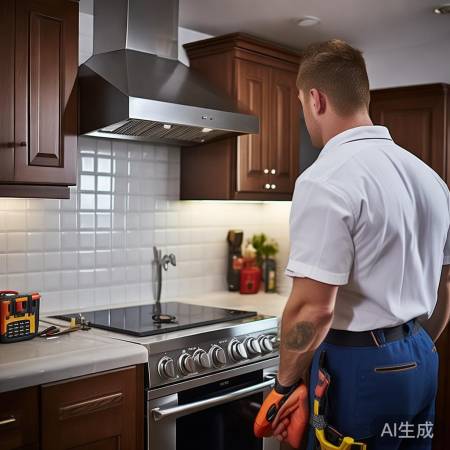 师傅检查油烟机,快速修复
