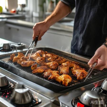 “鸡翅烤至金黄，汁液止。”